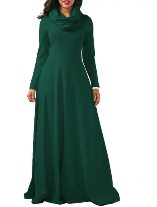 Autumn Winter Women Warm Scarf Neck Dress Casual Long Sleeve Vintage Pocket Maxi Dress Female Solid Long Dress
